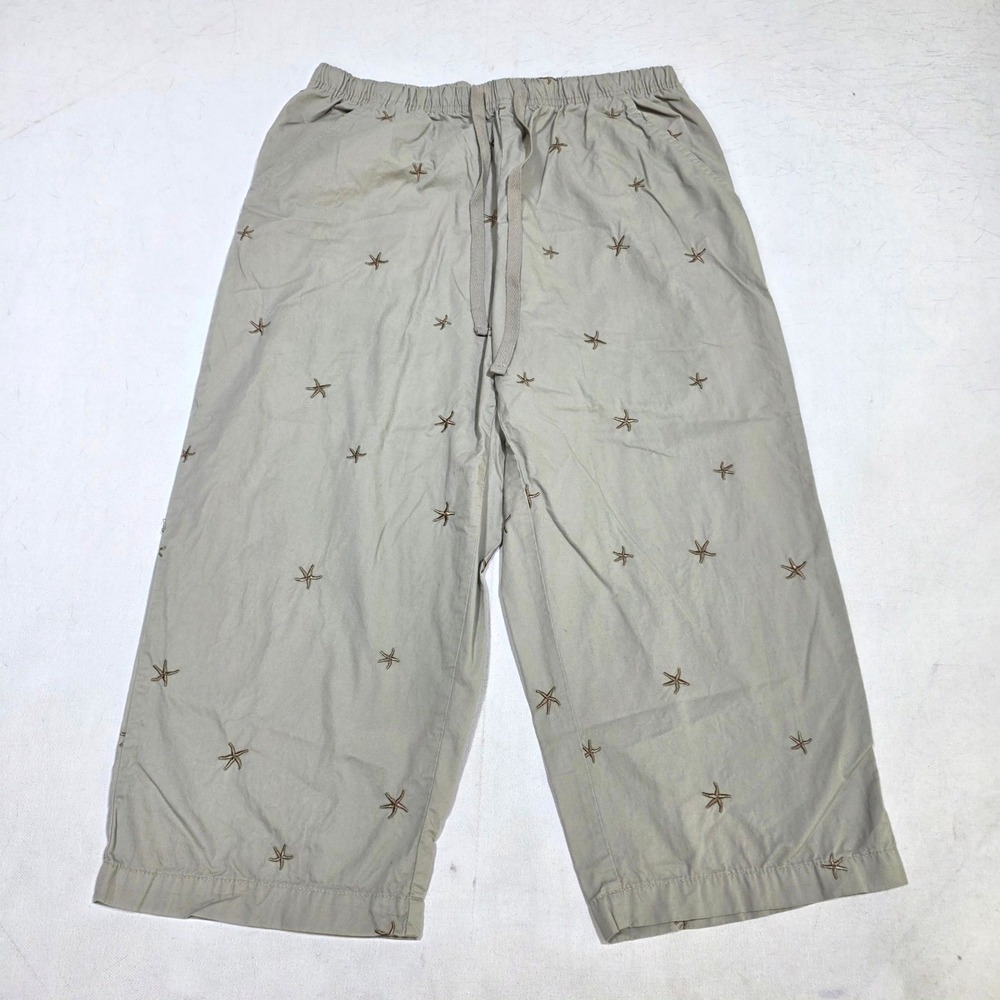 Basic Editions Starfish Embroidered Crop Pants Womens Medium Khaki Tan Nautical